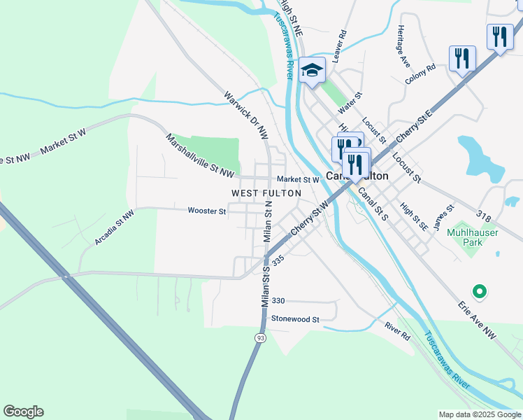 map of restaurants, bars, coffee shops, grocery stores, and more near 408 Milan Street North in Canal Fulton