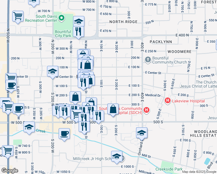 map of restaurants, bars, coffee shops, grocery stores, and more near 141 East 100 South in Bountiful