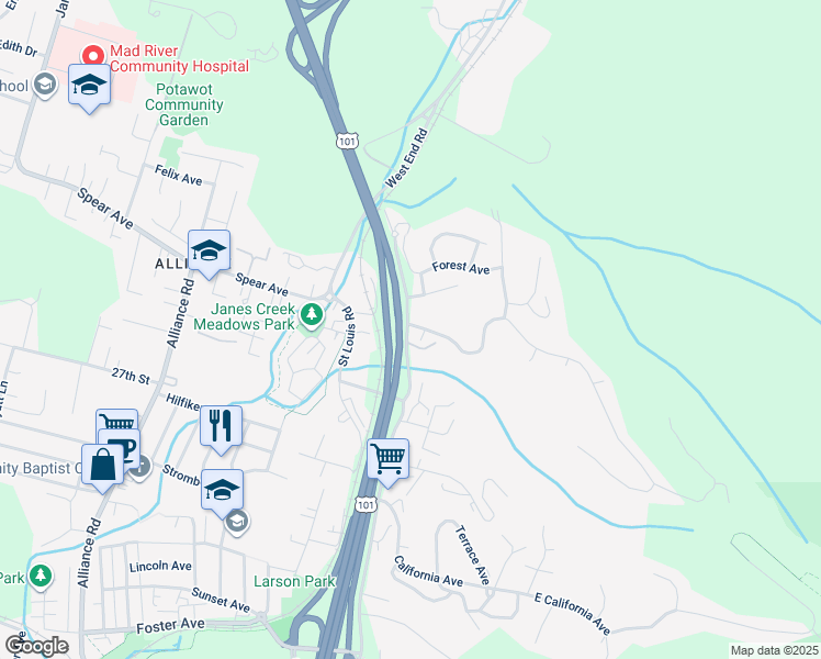 map of restaurants, bars, coffee shops, grocery stores, and more near 605 Diamond Drive in Arcata