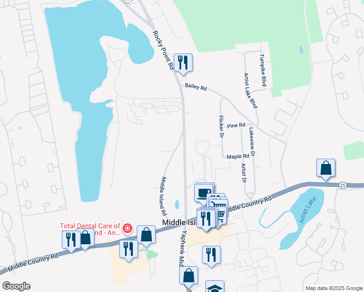 map of restaurants, bars, coffee shops, grocery stores, and more near 128 Rocky Point Road in Middle Island