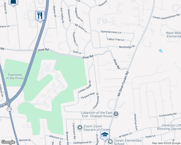 map of restaurants, bars, coffee shops, grocery stores, and more near 12 Timber Ridge Drive in Coram
