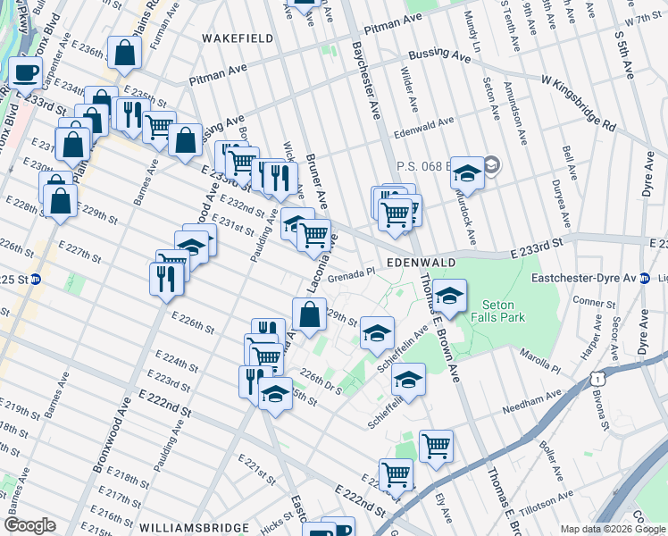 map of restaurants, bars, coffee shops, grocery stores, and more near 1101 East 231st Street in The Bronx