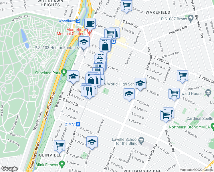 map of restaurants, bars, coffee shops, grocery stores, and more near 734 East 227th Street in Bronx