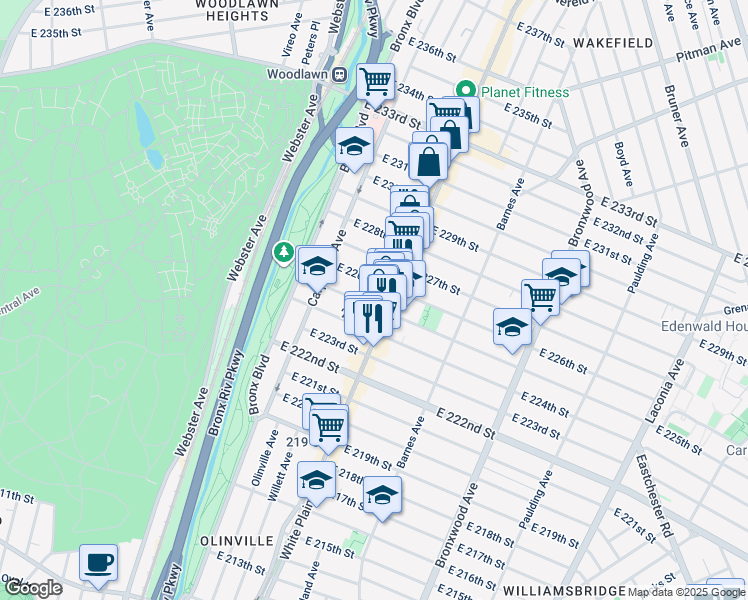 map of restaurants, bars, coffee shops, grocery stores, and more near 669 East 225th Street in Bronx