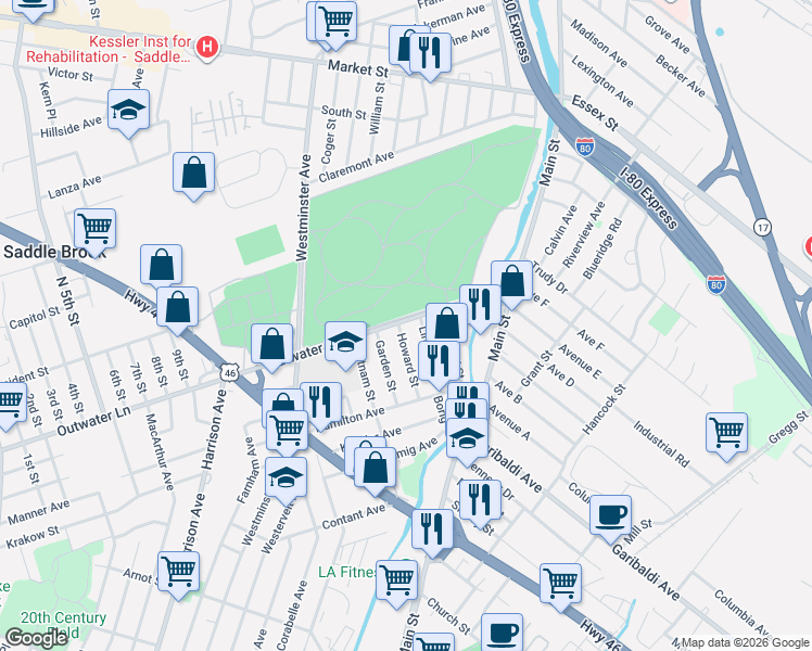 map of restaurants, bars, coffee shops, grocery stores, and more near 64 Howard Street in Lodi