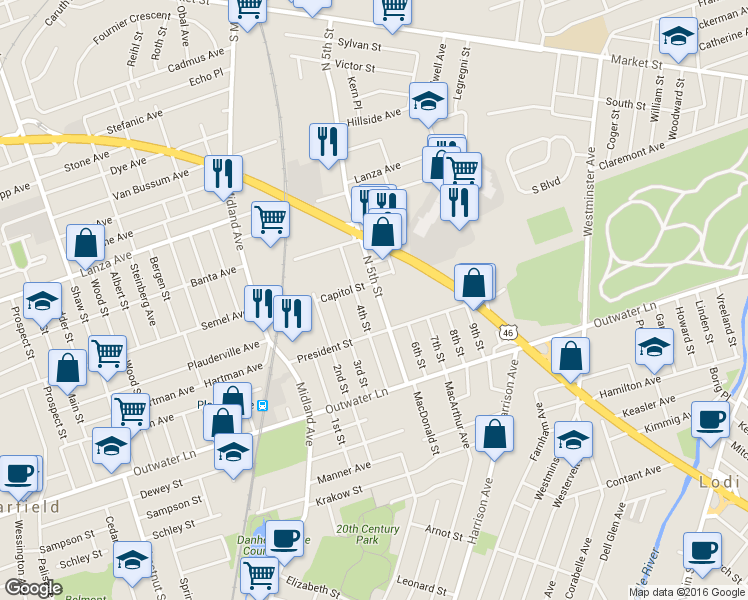 map of restaurants, bars, coffee shops, grocery stores, and more near 260 4th Street in Saddle Brook
