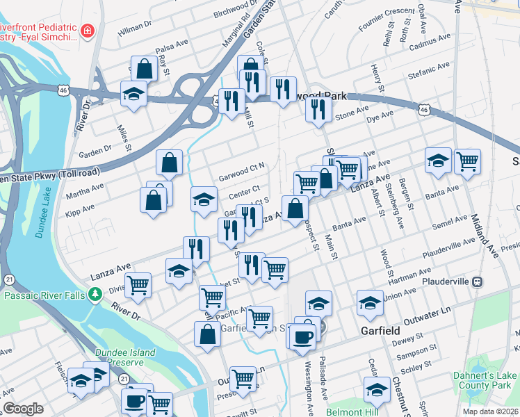 map of restaurants, bars, coffee shops, grocery stores, and more near 43 Garwood Court South in Garfield