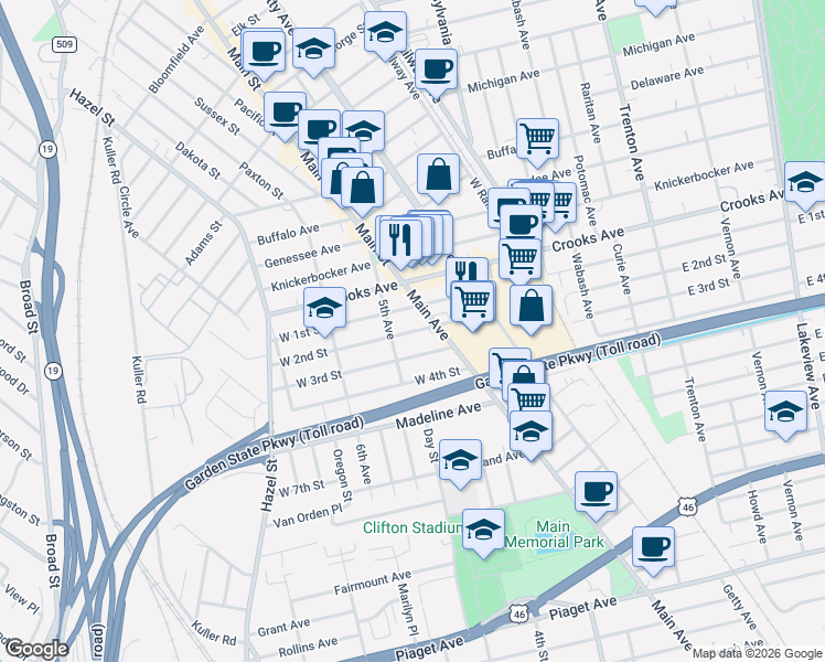 map of restaurants, bars, coffee shops, grocery stores, and more near 112 West 2nd Street in Clifton