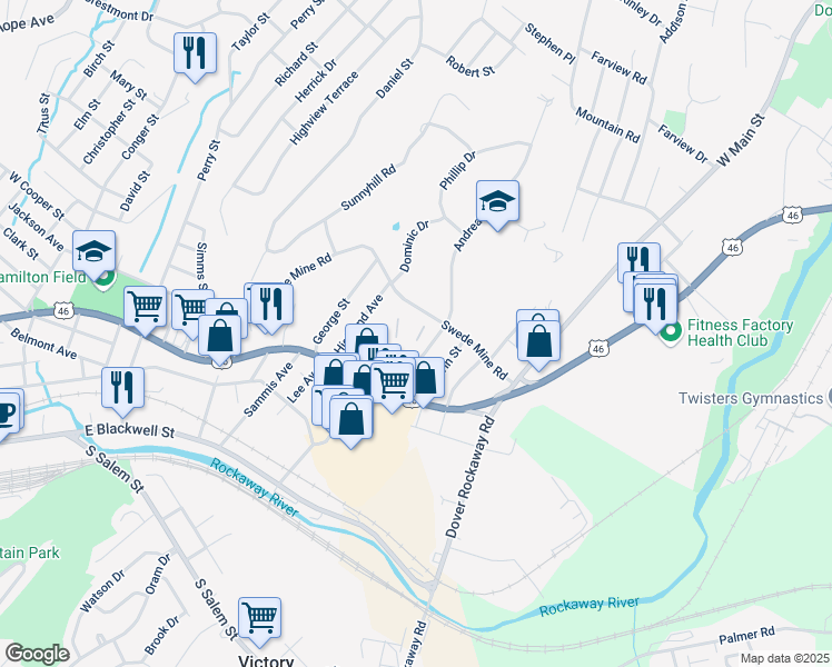 map of restaurants, bars, coffee shops, grocery stores, and more near 17 Swede Mine Road in Dover