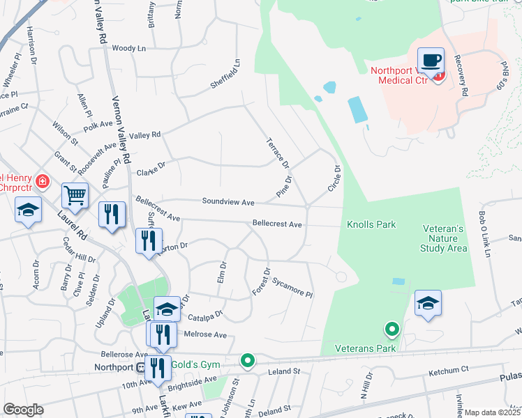 map of restaurants, bars, coffee shops, grocery stores, and more near 63 Soundview Avenue in East Northport