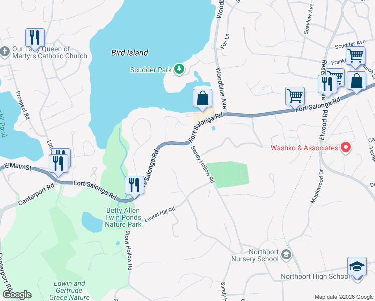 map of restaurants, bars, coffee shops, grocery stores, and more near 51 Fort Salonga Road in Northport