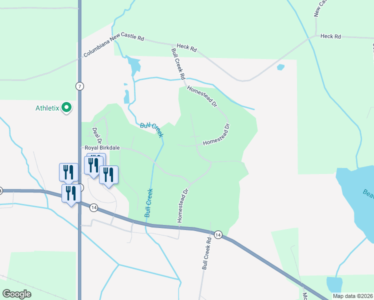 map of restaurants, bars, coffee shops, grocery stores, and more near 601 Prestwick Court in Columbiana
