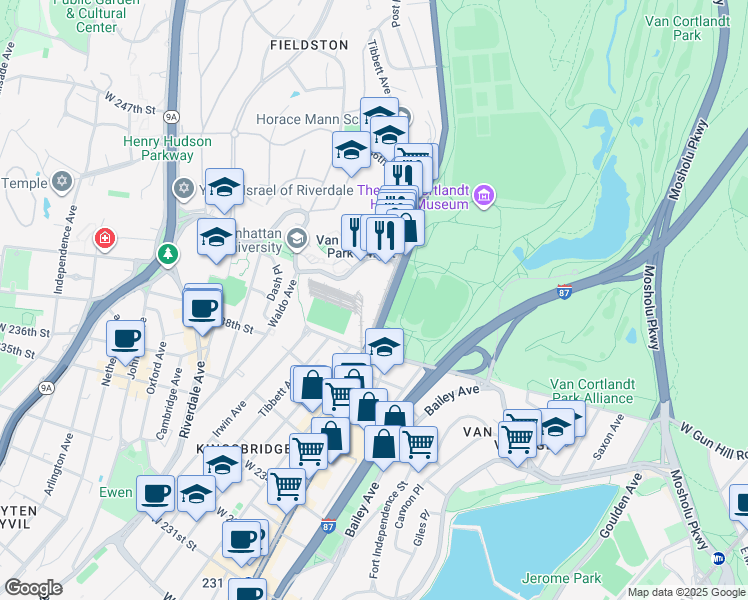 map of restaurants, bars, coffee shops, grocery stores, and more near 5925 Broadway in Bronx