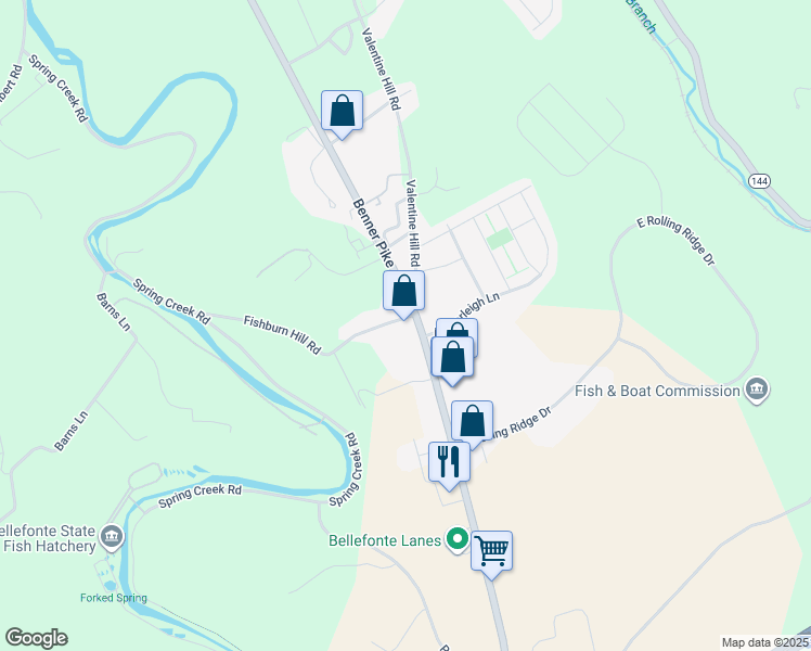 map of restaurants, bars, coffee shops, grocery stores, and more near Fishburn Hill Rd in Bellefonte