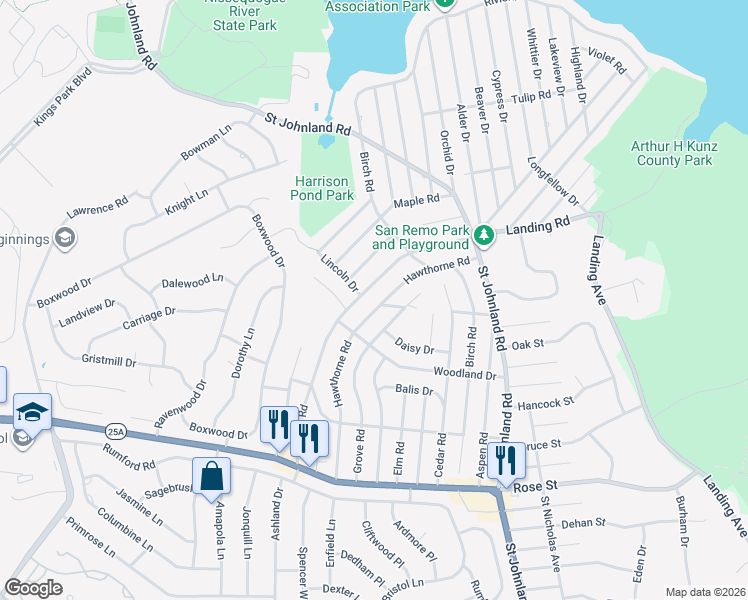 map of restaurants, bars, coffee shops, grocery stores, and more near 96 Hawthorne Road in Kings Park