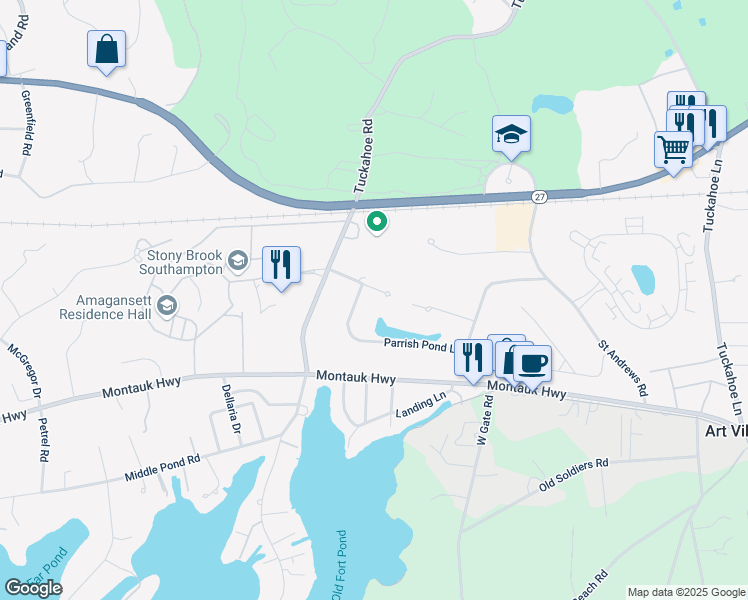 map of restaurants, bars, coffee shops, grocery stores, and more near 204 West Parrish Pond Court in Southampton