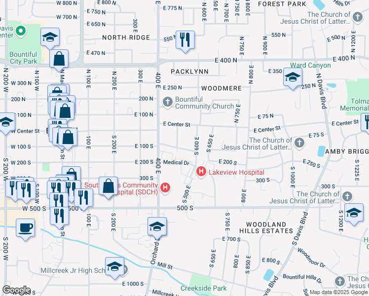 map of restaurants, bars, coffee shops, grocery stores, and more near 541 East 100 South in Bountiful