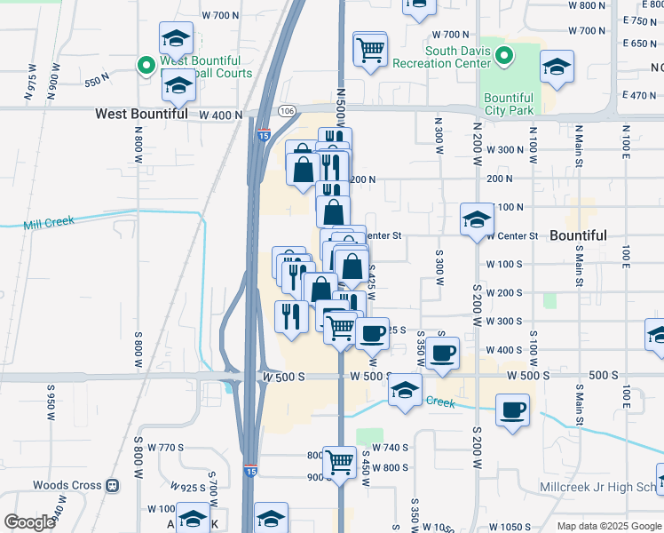 map of restaurants, bars, coffee shops, grocery stores, and more near 100 South 500 West in Bountiful