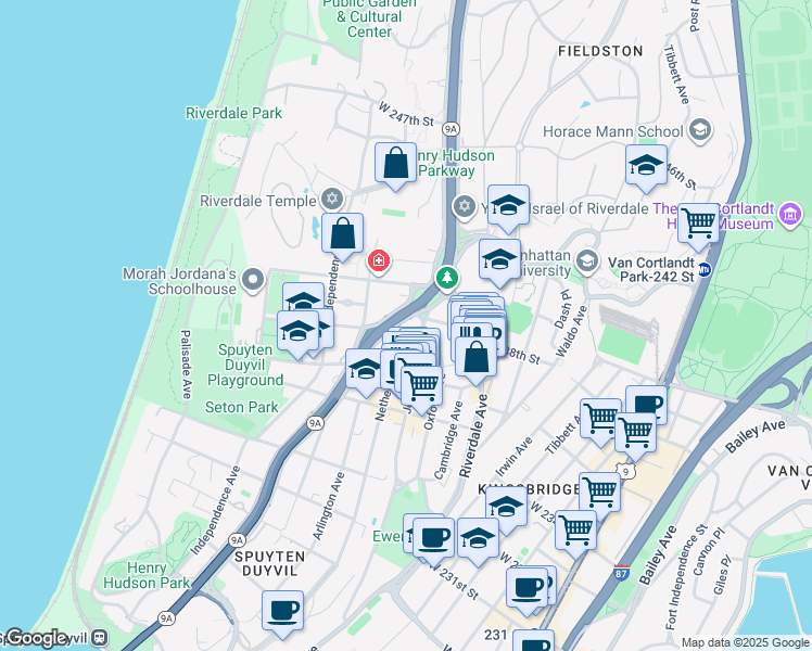 map of restaurants, bars, coffee shops, grocery stores, and more near 3718-3726 Henry Hudson Parkway in The Bronx