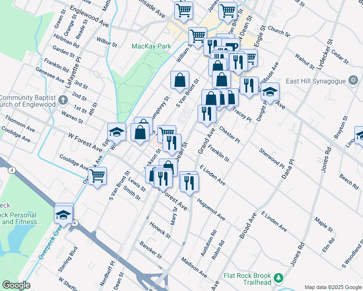 map of restaurants, bars, coffee shops, grocery stores, and more near 170 South Dean Street in Englewood