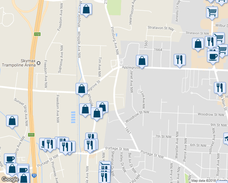 map of restaurants, bars, coffee shops, grocery stores, and more near 1175 Pittsburg Avenue Northwest in North Canton