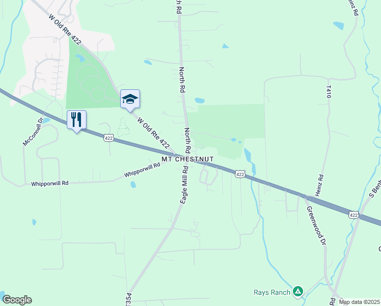 map of restaurants, bars, coffee shops, grocery stores, and more near 102 North Road in Butler
