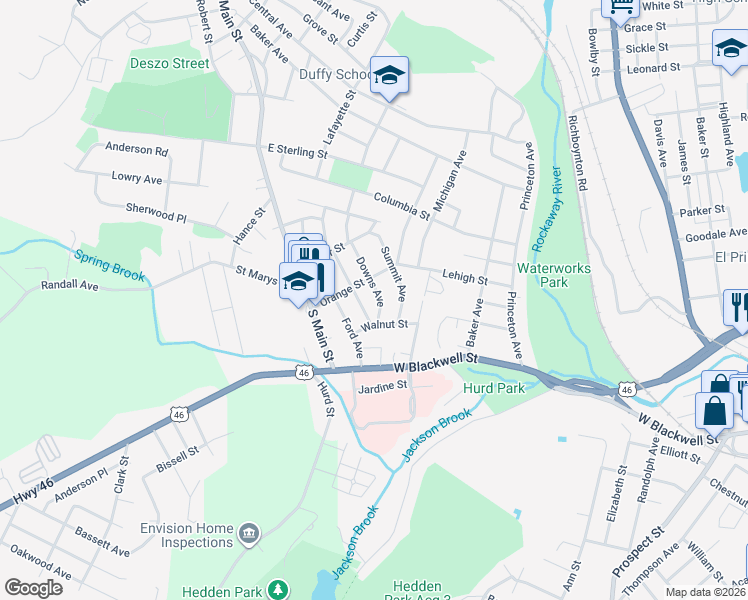 map of restaurants, bars, coffee shops, grocery stores, and more near 47 Downs Avenue in Wharton