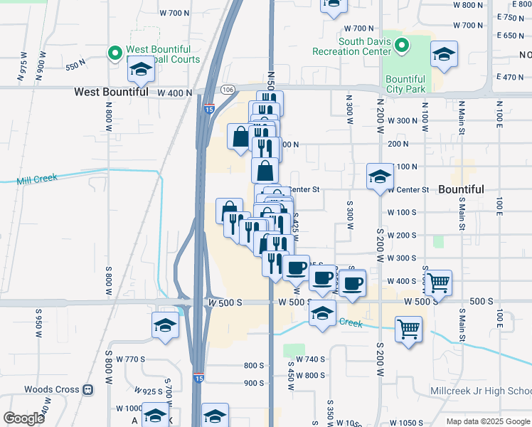 map of restaurants, bars, coffee shops, grocery stores, and more near 100 500 West in Bountiful