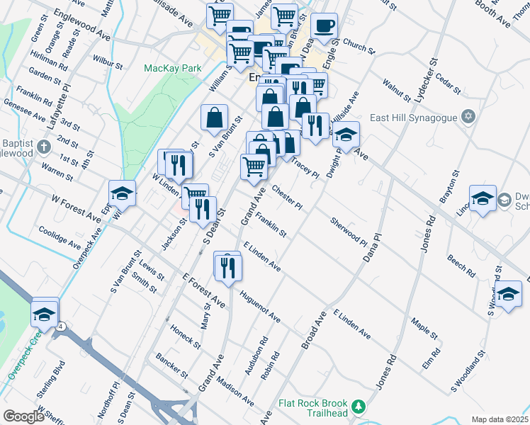 map of restaurants, bars, coffee shops, grocery stores, and more near 63 Franklin Street in Englewood