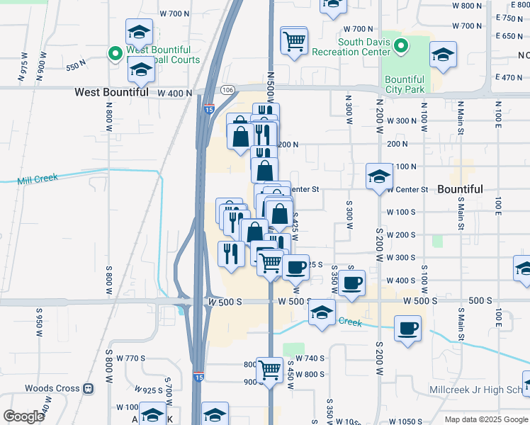 map of restaurants, bars, coffee shops, grocery stores, and more near 100 South 500 West in Bountiful