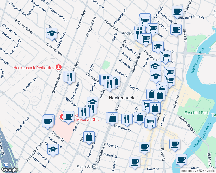 map of restaurants, bars, coffee shops, grocery stores, and more near 221 Central Avenue in Hackensack