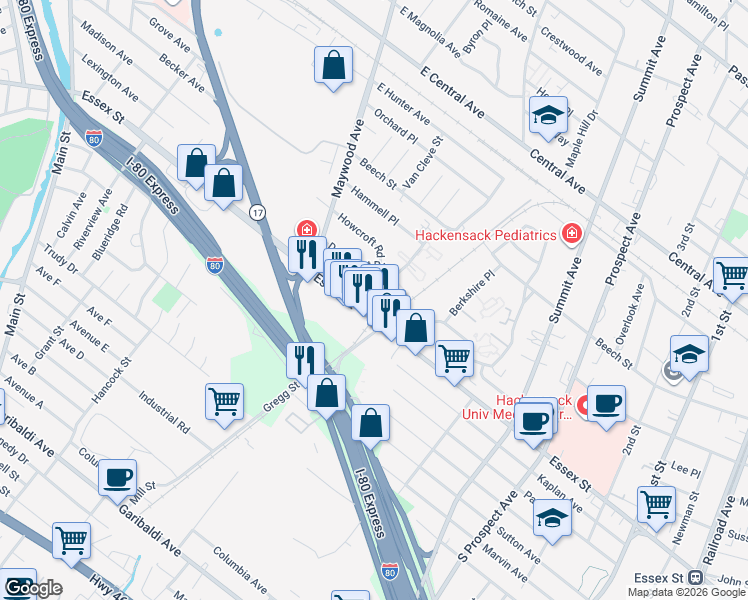 map of restaurants, bars, coffee shops, grocery stores, and more near 20 Maybrook Drive in Maywood