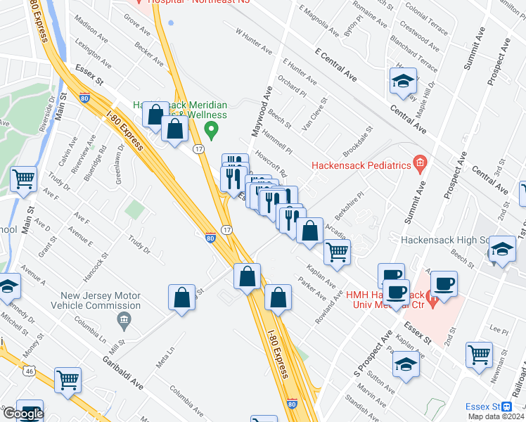 map of restaurants, bars, coffee shops, grocery stores, and more near 43 Essex Street in Maywood