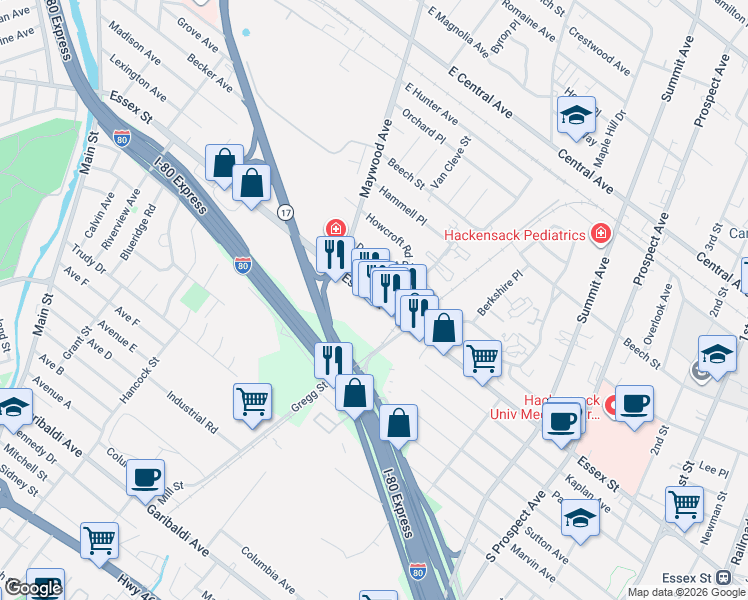 map of restaurants, bars, coffee shops, grocery stores, and more near 43 Essex Street in Maywood