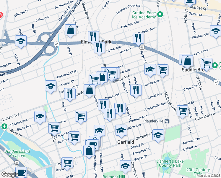 map of restaurants, bars, coffee shops, grocery stores, and more near 160 Shaw Street in Garfield