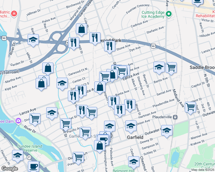 map of restaurants, bars, coffee shops, grocery stores, and more near 299 Lanza Avenue in Garfield