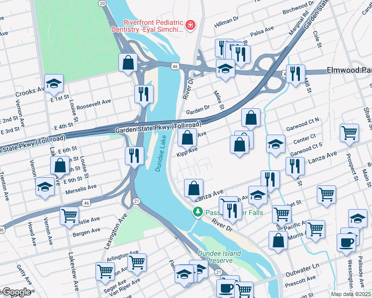 map of restaurants, bars, coffee shops, grocery stores, and more near 33 Kipp Avenue in Elmwood Park