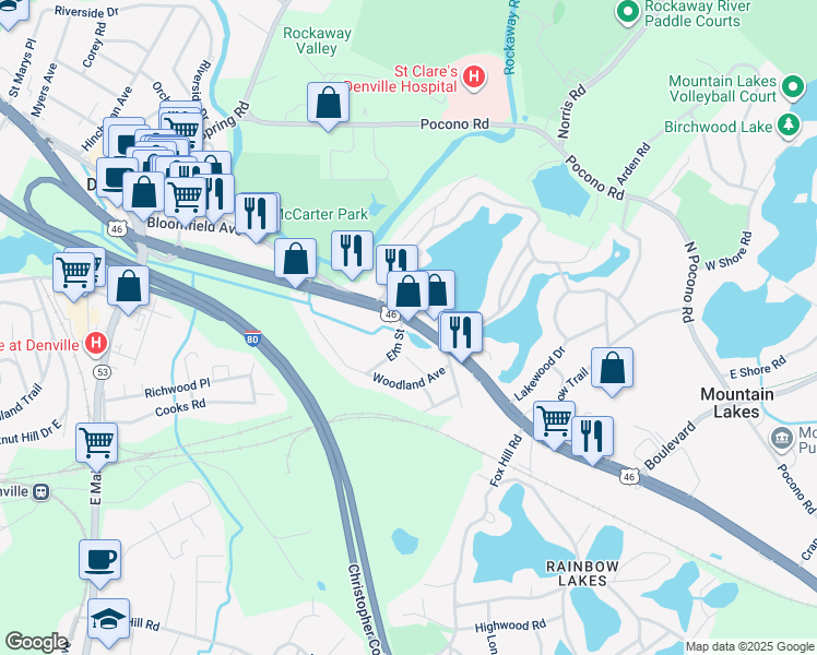 map of restaurants, bars, coffee shops, grocery stores, and more near 299 U.S. 46 in Denville