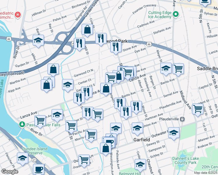 map of restaurants, bars, coffee shops, grocery stores, and more near Lanza Avenue in Garfield