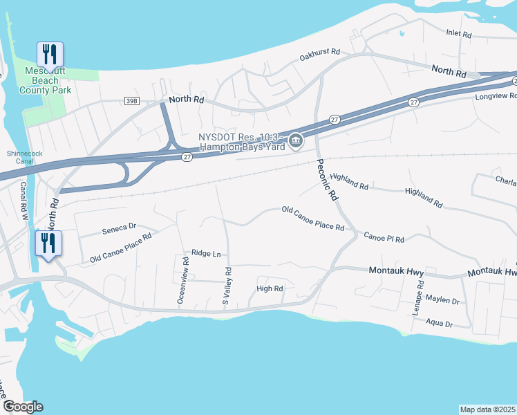 map of restaurants, bars, coffee shops, grocery stores, and more near 71 Canoe Place Road in Hampton Bays