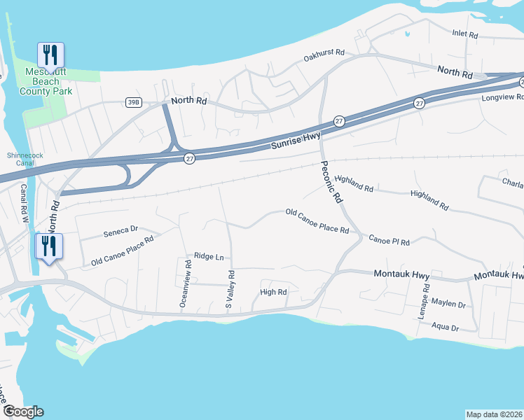 map of restaurants, bars, coffee shops, grocery stores, and more near 71 Canoe Place Road in Hampton Bays