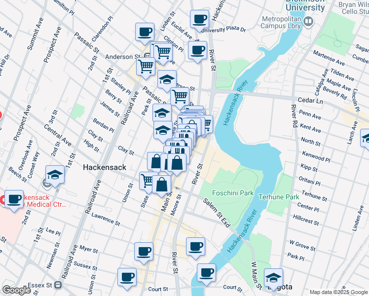 map of restaurants, bars, coffee shops, grocery stores, and more near 23-41 Berry Street in Hackensack
