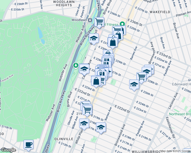 map of restaurants, bars, coffee shops, grocery stores, and more near 669 East 225th Street in The Bronx