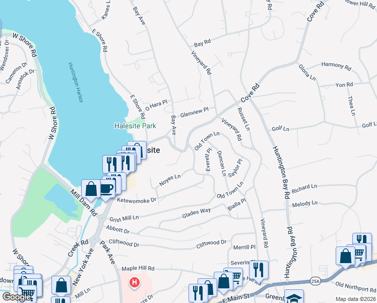 map of restaurants, bars, coffee shops, grocery stores, and more near 53 Old Town Ln in Halesite