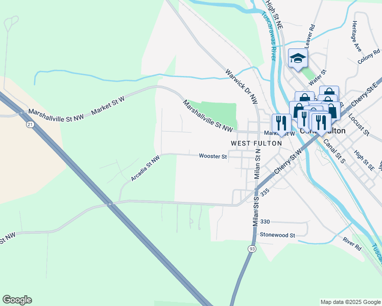 map of restaurants, bars, coffee shops, grocery stores, and more near 820 Wooster Street in Canal Fulton