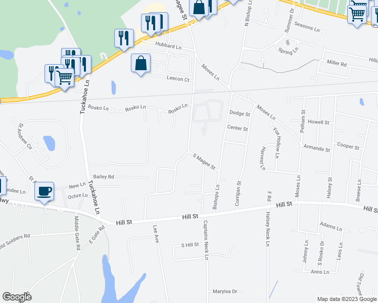 map of restaurants, bars, coffee shops, grocery stores, and more near 100 Magee Street in Southampton