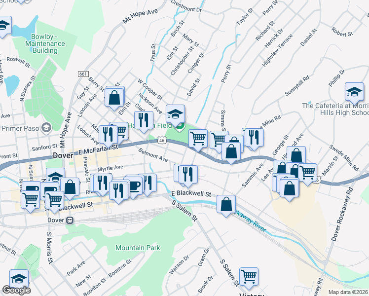 map of restaurants, bars, coffee shops, grocery stores, and more near 250 U.S. 46 in Dover