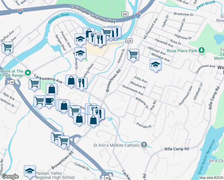 map of restaurants, bars, coffee shops, grocery stores, and more near 205 Browertown Road in Woodland Park