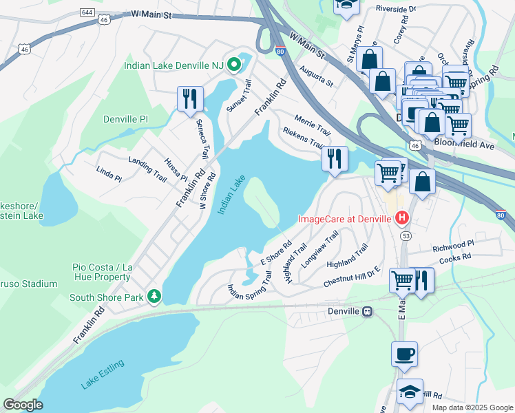 map of restaurants, bars, coffee shops, grocery stores, and more near 31 Lenape Trail in Denville