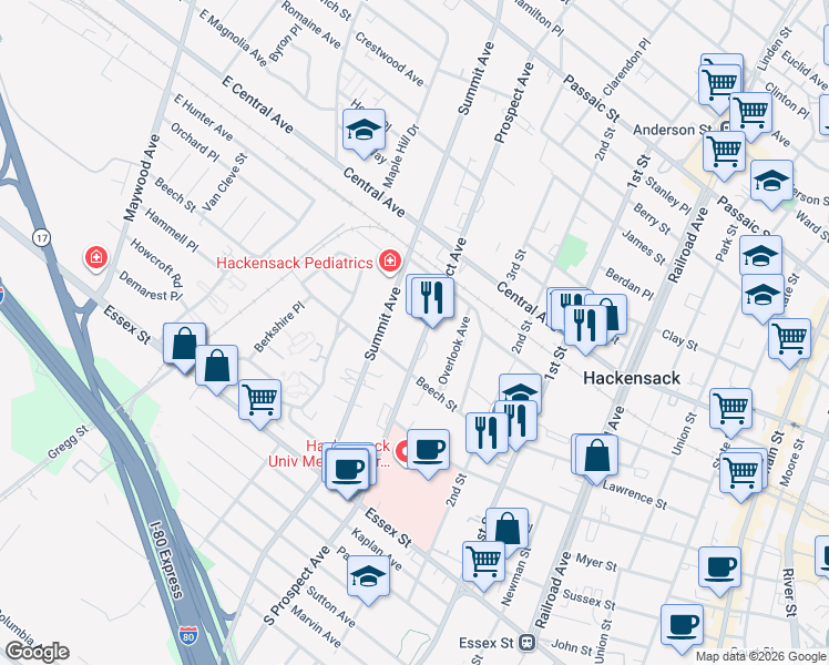 map of restaurants, bars, coffee shops, grocery stores, and more near 151 Prospect Avenue in Hackensack